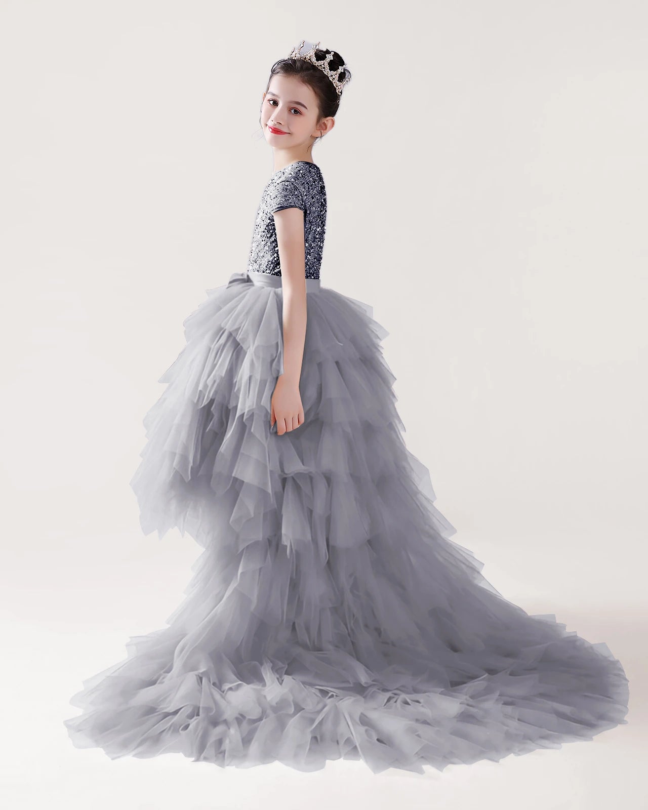 Dideyttawl Sequin Pageant Dress Hi-Lo Birthday Party Dress with Detachable Train