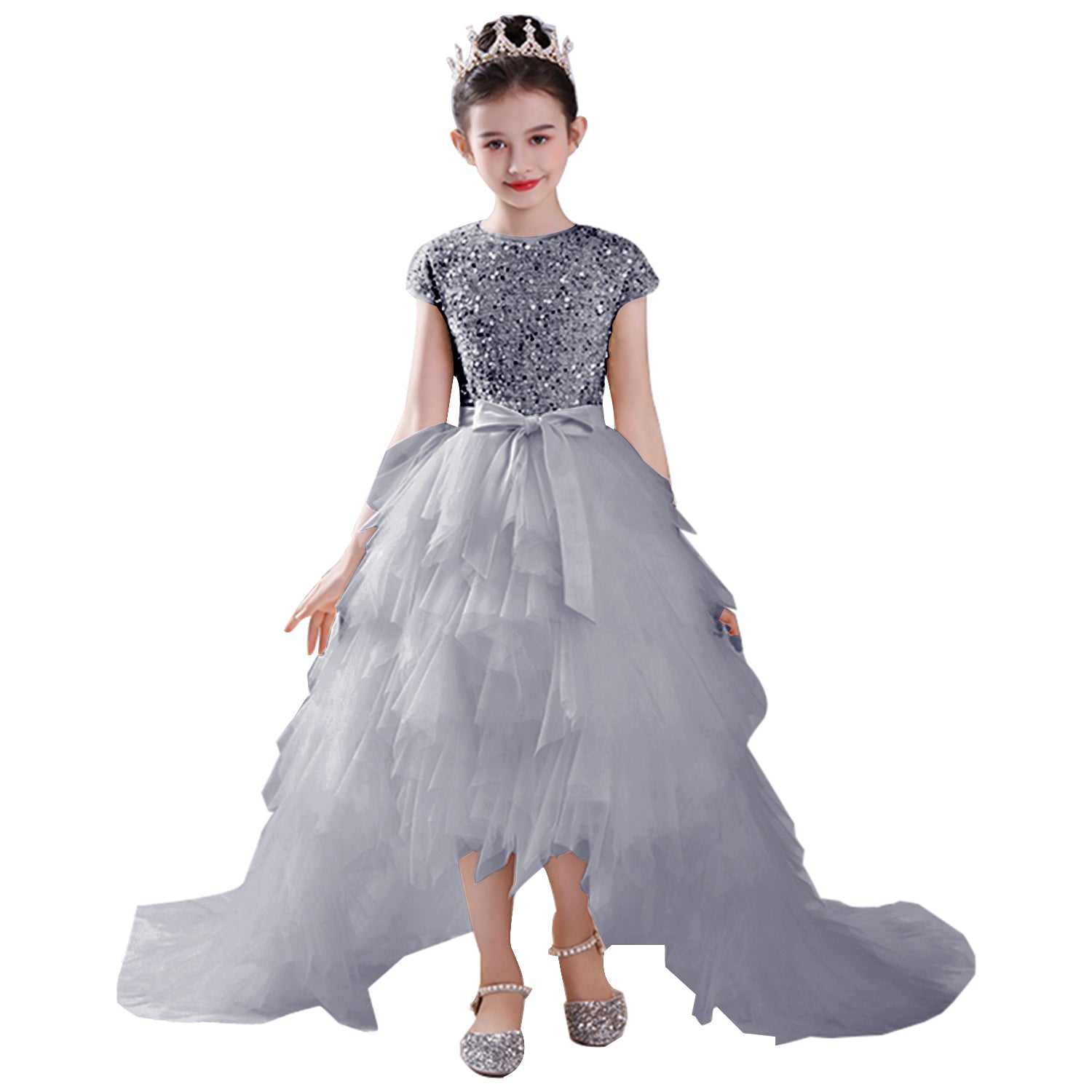 Dideyttawl Puffy Junior Bridesmaid Dress Sequin Pageant Dress Hi-Lo Birthday Party Dress For Little Girls Detachable Trailing Gown, Silver / 6 Dideyttawl Puffy Junior Bridesmaid Dress Sequin Pageant Dress Hi-Lo Birthday Party Dress For Little Girls Detachable Trailing Gown, Silver / 6