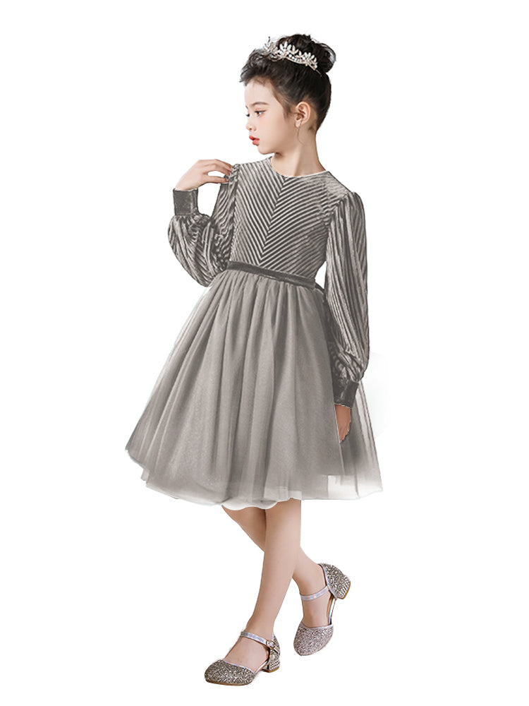 Girls Velvet Flower Girl Dress Elegant Formal Dress Lantern Long Sleeves Girls Birthday Party Dress, Silver / 4 Girls Velvet Flower Girl Dress Elegant Formal Dress Lantern Long Sleeves Girls Birthday Party Dress, Silver / 4