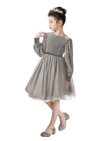 Dideyttawl Spring Girls Short Velvet Girls Formal Dress Elegant Formal Dress Lantern Long Sleeves Girls Birthday Party Dress