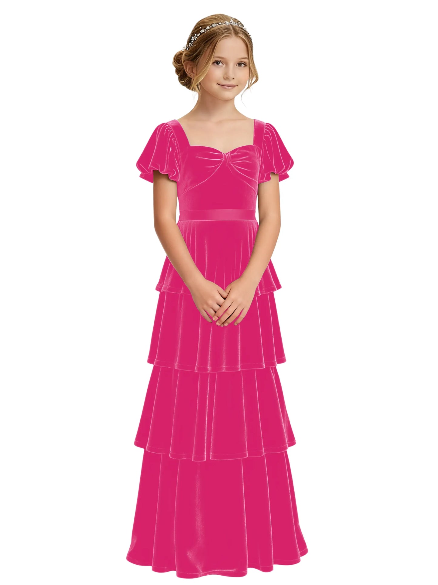 Dideyttawl Burgundy Velvet Junior Bridesmaid Dress Puff Sleeve Tiered Ruffle Formal Dress