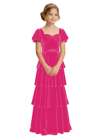 Dideyttawl Burgundy Velvet Girls Formal Dress Puff Sleeve Tiered Ruffle Formal Dress