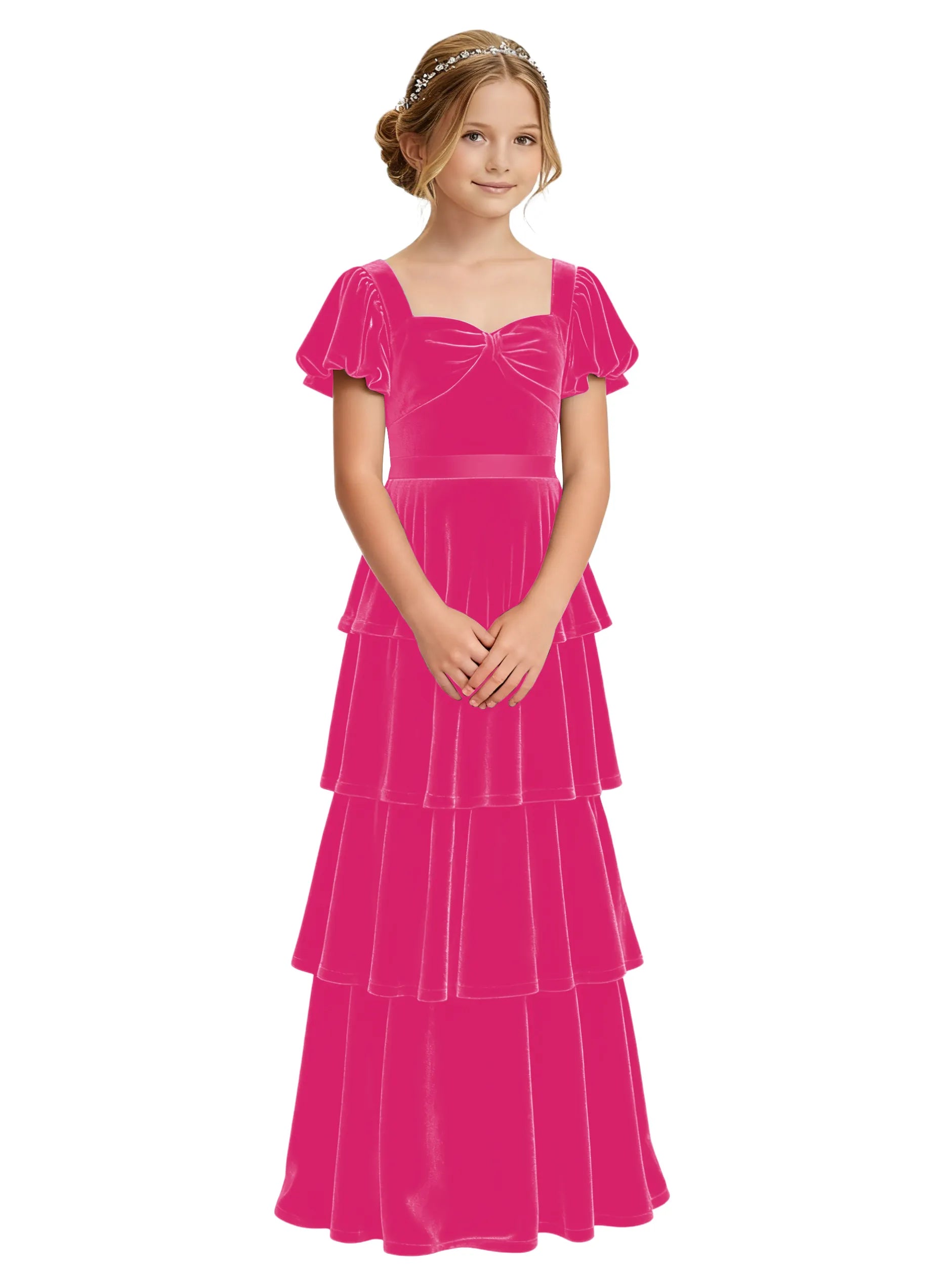 Dideyttawl Burgundy Velvet Girls Formal Dress Puff Sleeve Tiered Ruffle Formal Dress