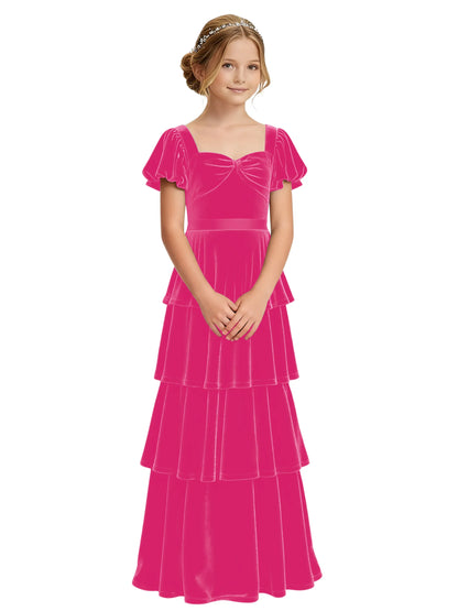 Dideyttawl Burgundy Velvet Junior Bridesmaid Dress Puff Sleeve Tiered Ruffle Formal Dress