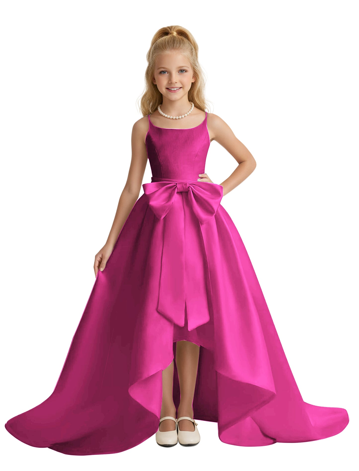 dideyttawl High-Low Big Bow Junior Bridesmaid Dresses for Girls 4-16 Satin A-Line Pageant Formal Party Dress 2535