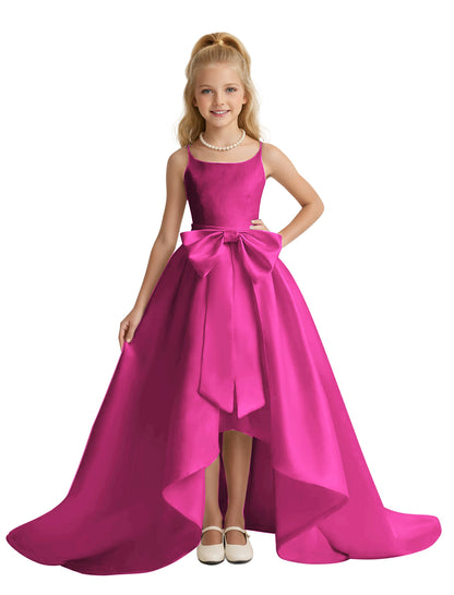 dideyttawl High-Low Big Bow Junior Bridesmaid Dresses for Girls 4-16 Satin A-Line Pageant Formal Party Dress 2535