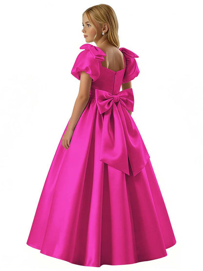 dideyttawl 2026 Satin Flower Girl Dress A Line Big Bow Long Prom Princess Ball Gown Puff Sleeves Junior Bridesmaid Dress 2773