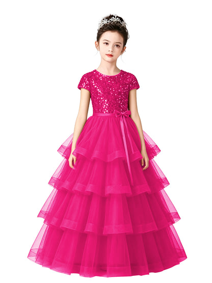 Dideyttawl Puffy Flower Girls Dress Sequins Flower Girl Dresses Sparkly Cap Sleeves Junior Bridesmaid Dress 648