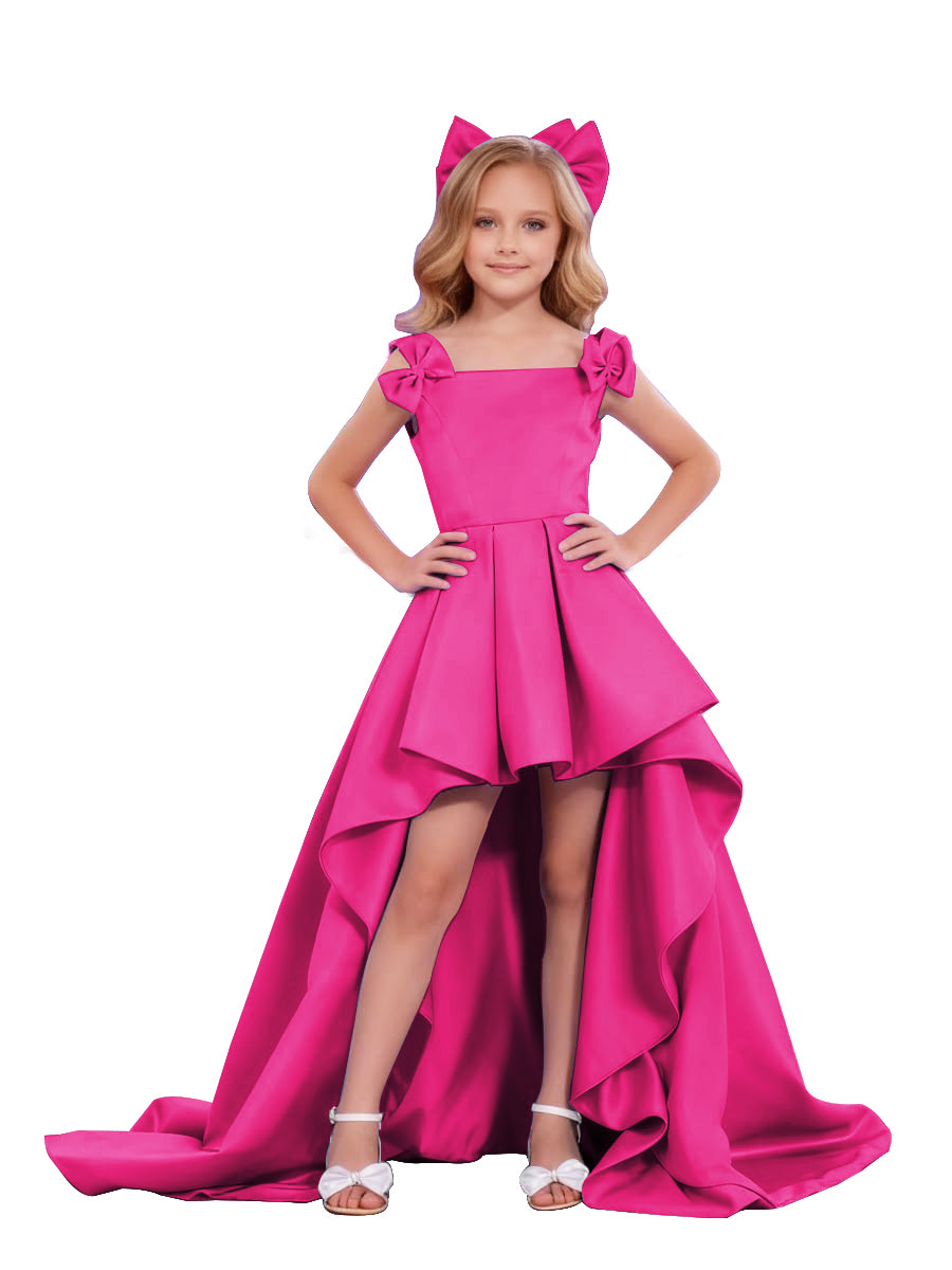 dideyttawl High-Low Junior Bridesmaid Dresses for Girls Pleated Satin A-Line Bow Straps Pageant Formal Party Dress 2536