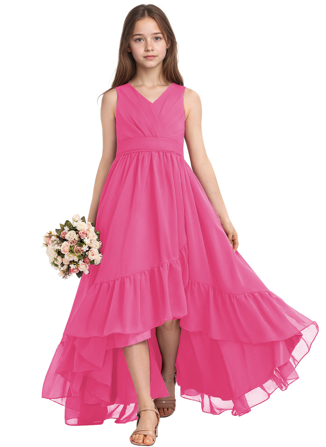 dideyttawl A-Line High Low Flower Girls Dress Long V-Neck Junior Bridesmaid Dresses for Teens Pleated Chiffon 2511