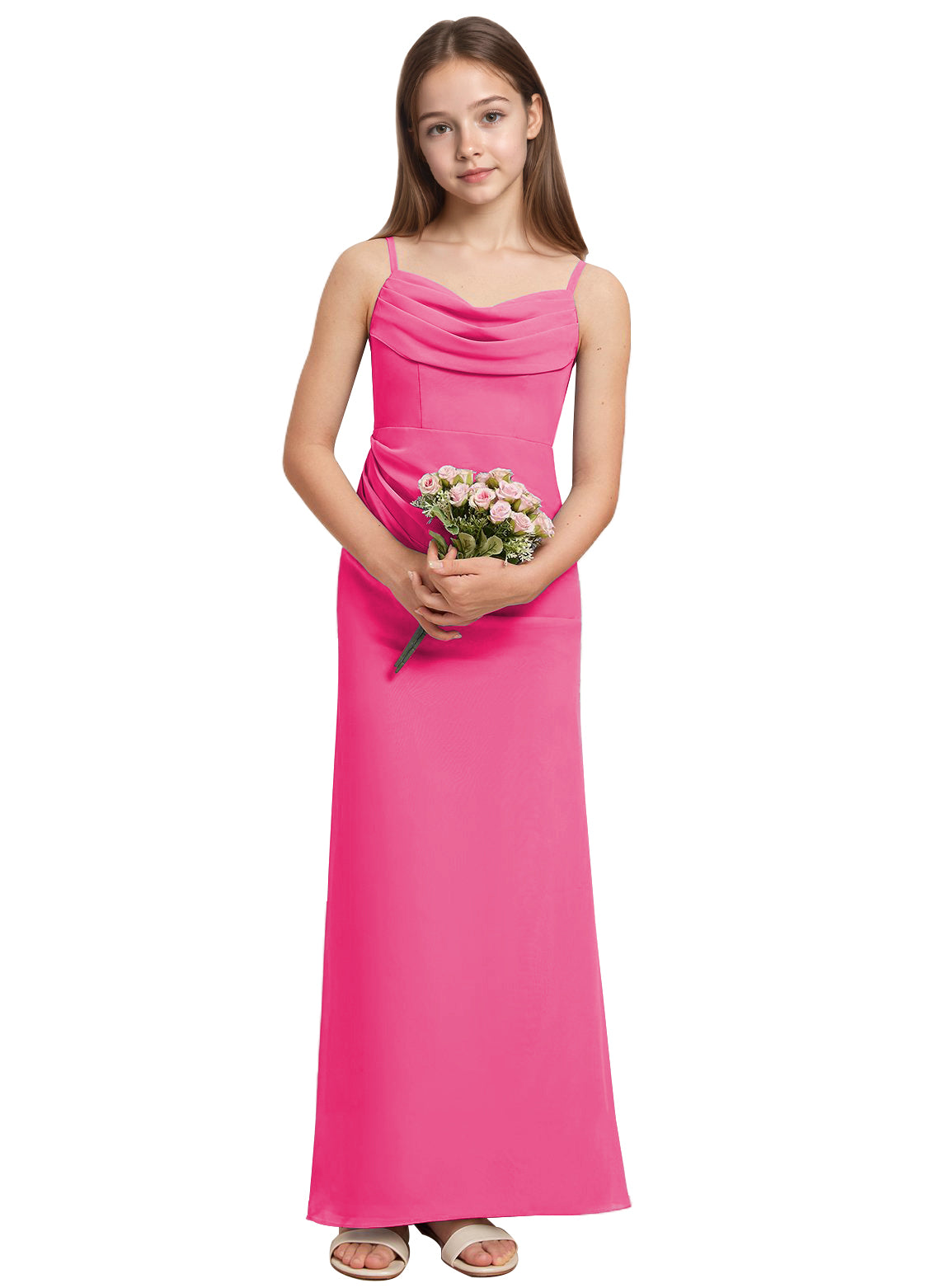 dideyttawl Long Sheathe Junior Bridesmaid Dresses for Girls Chiffon A-Line Ruched Cowl Neck Wedding Flower Girls Dress 2512