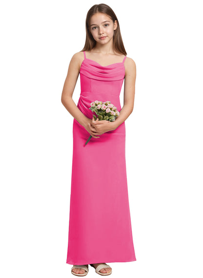 dideyttawl Long Sheathe Junior Bridesmaid Dresses for Girls Chiffon A-Line Ruched Cowl Neck Wedding Flower Girls Dress 2512