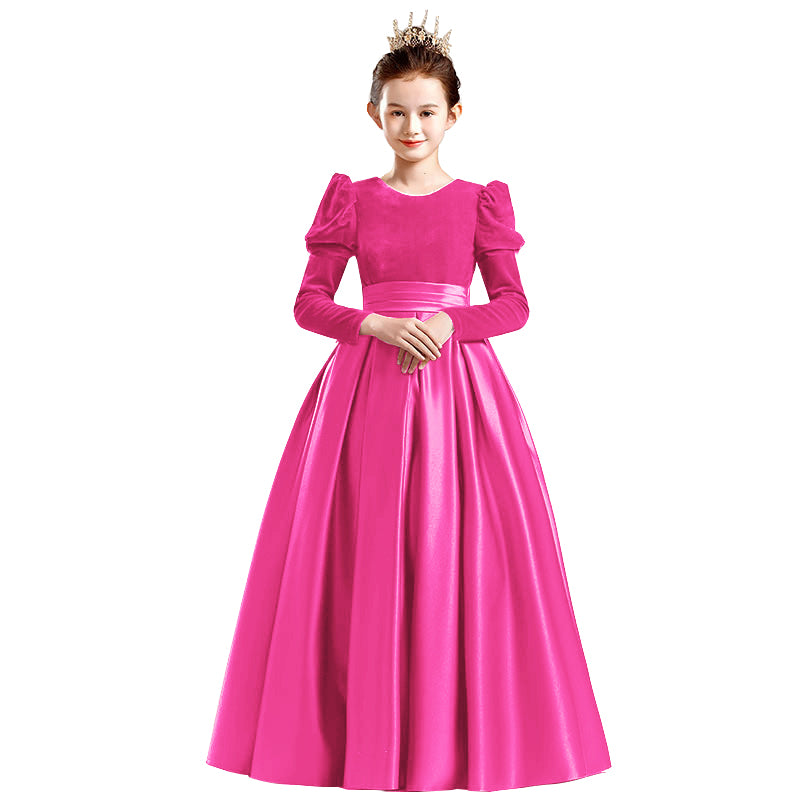 Dideyttawl Velvet Girls Formal Dress Long Sleeves Satin Flower Girl Dress 2541