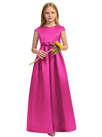 Dideyttawl White Junior Bridesmaid Dress Cap Sleeve Satin Ball Gown
