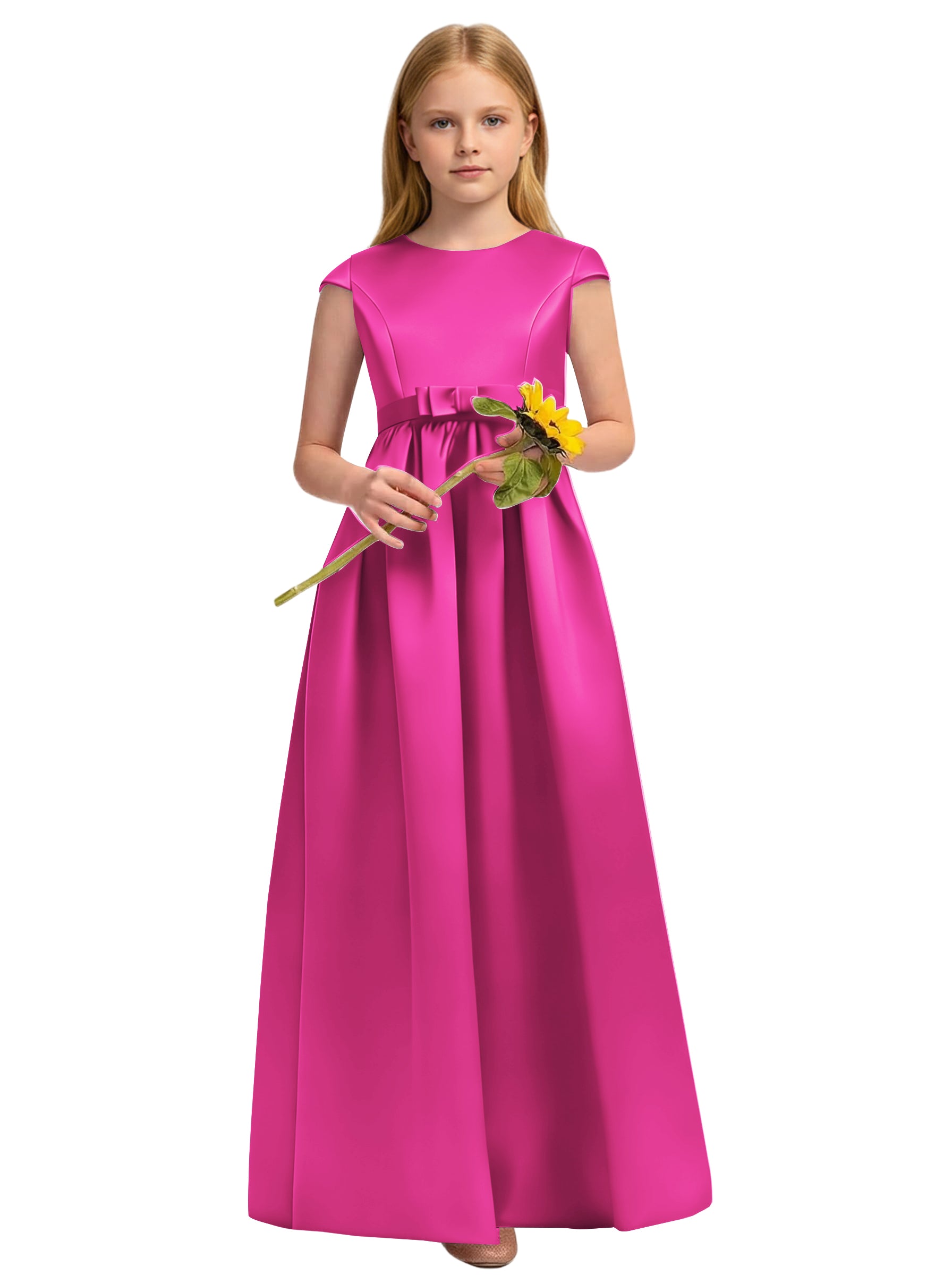 Dideyttawl White Junior Bridesmaid Dress Cap Sleeve Satin Ball Gown