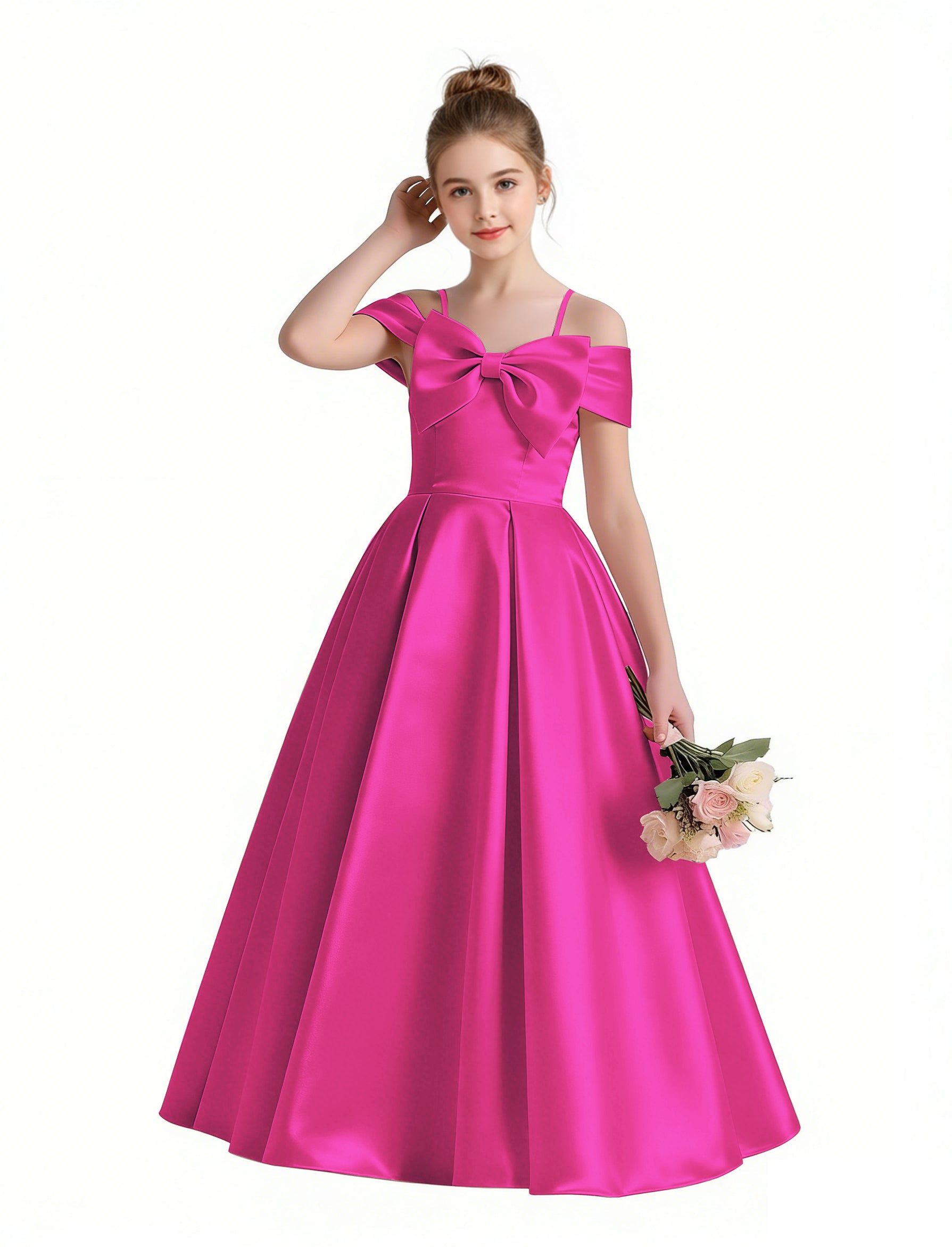 Dideyttawl White Girls Formal Dress Off-the-Shoulder Satin Ball Gown