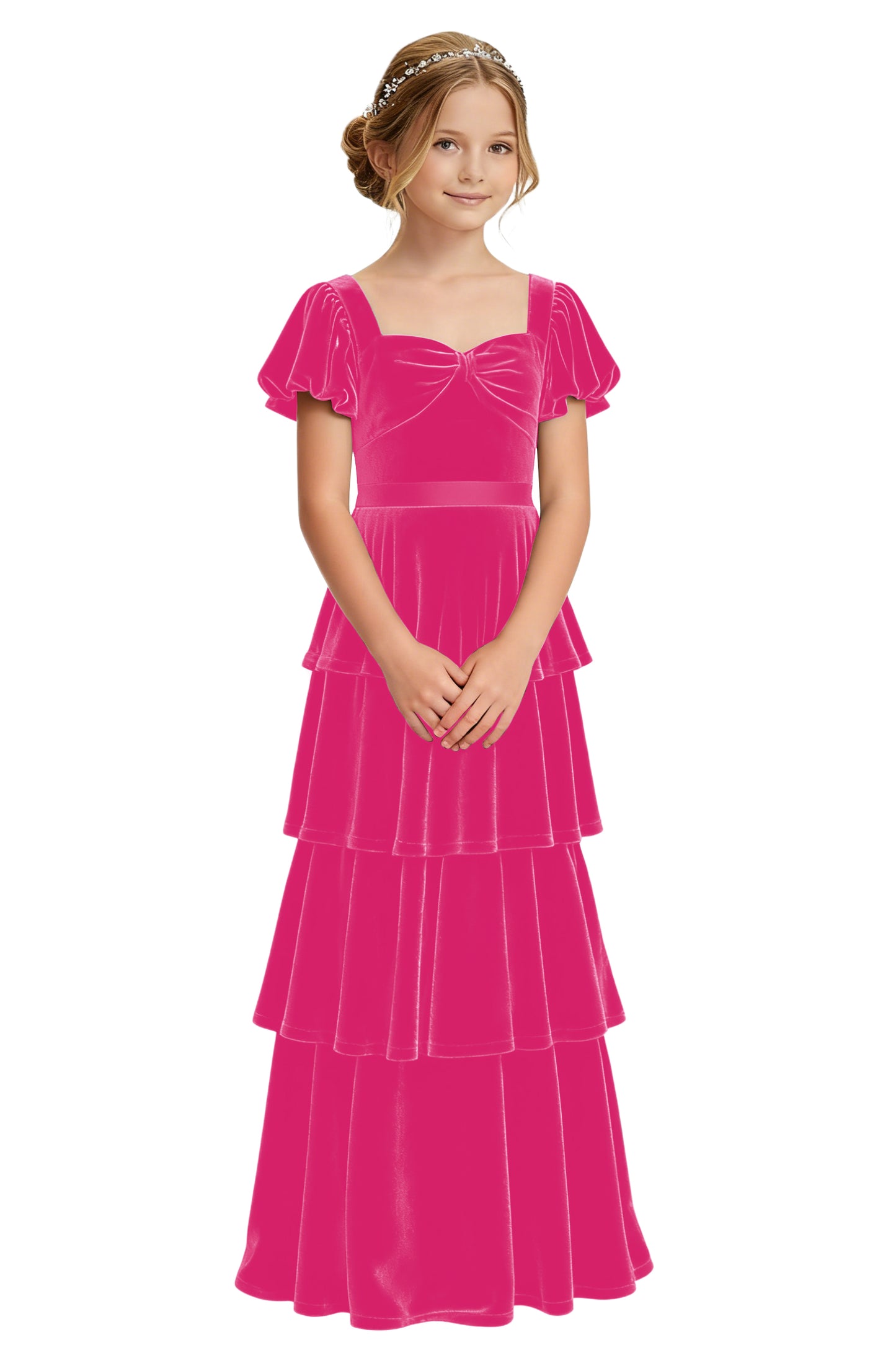 dideyttawl Girls Pleated Velvet Short Lantern Sleeves Long Junior Bridesmaid Dress 2542