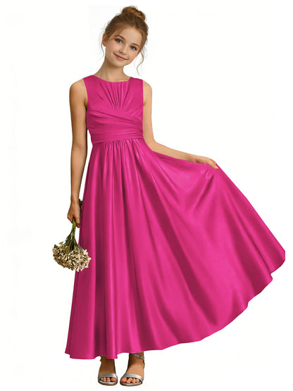 dideyttawl Satin A-Line Junior Bridesmaid Dresses Pleated Girls Special Occasion Gown