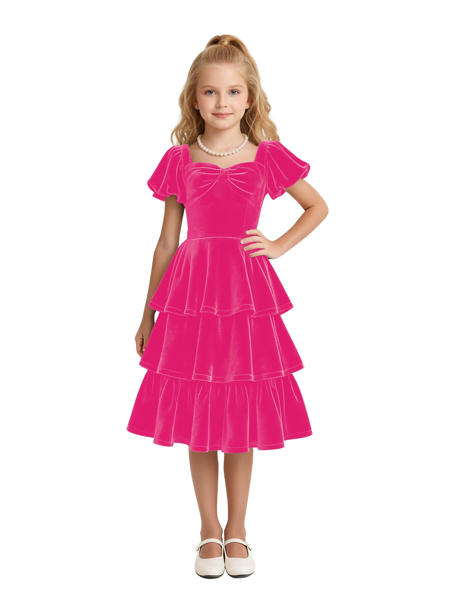 dideyttawl Girls Pleated Velvet Knee Length Junior Bridesmaid Dress with Short Lantern Sleeves 2543