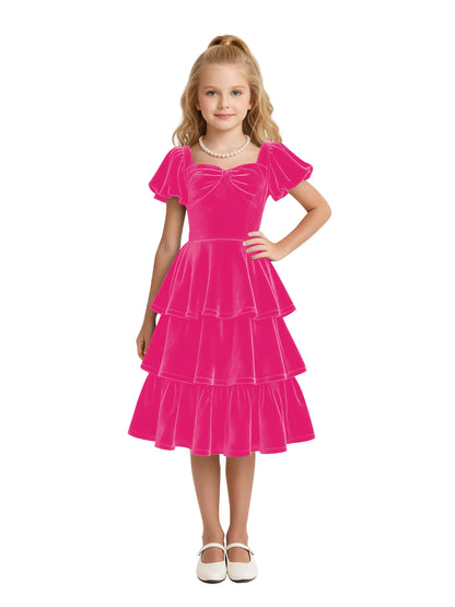 dideyttawl Girls Pleated Velvet Knee Length Junior Bridesmaid Dress with Short Lantern Sleeves 2543