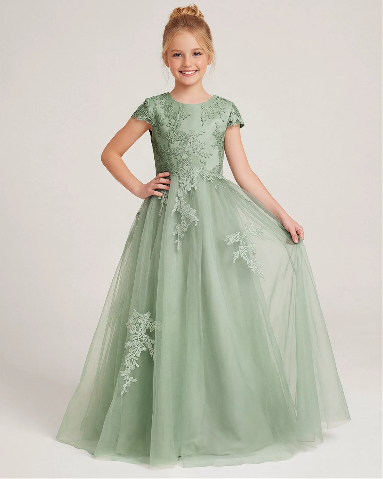 Front Sage Green Lace Flower Girls Dress