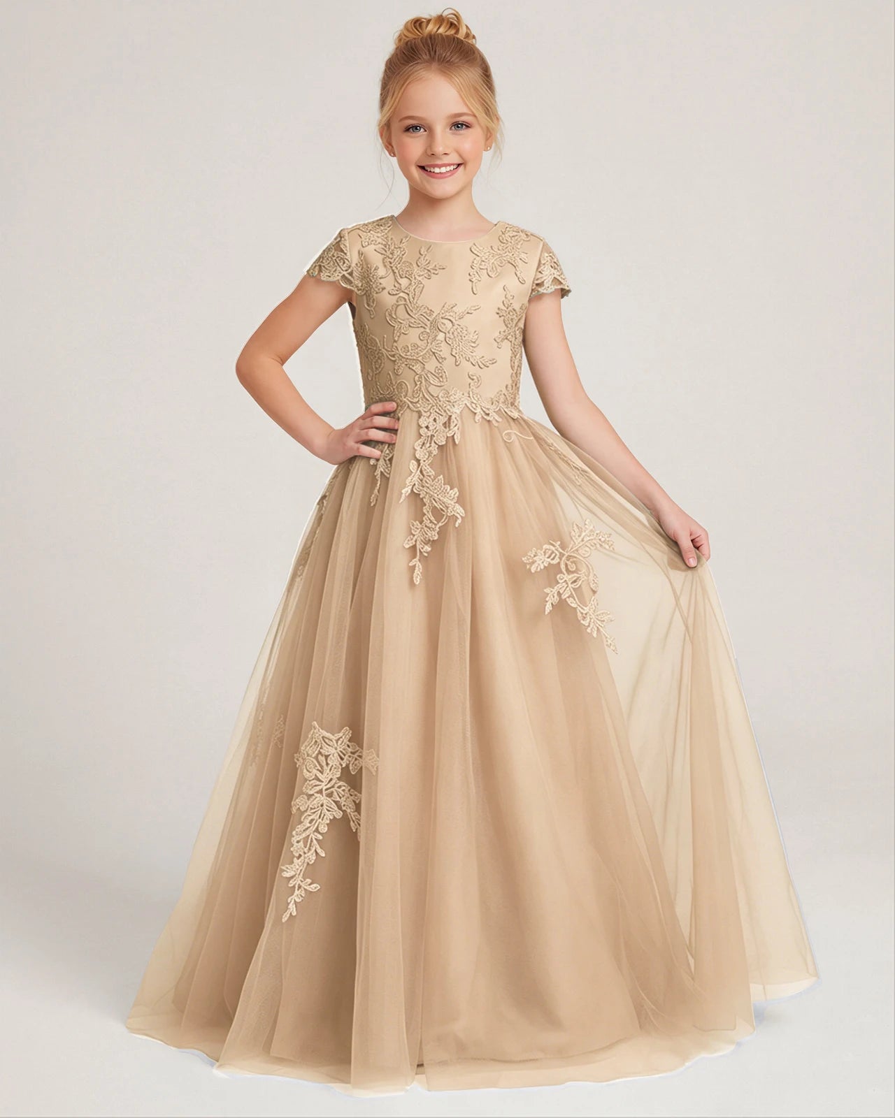 Front Champagne Lace Flower Girls Dress