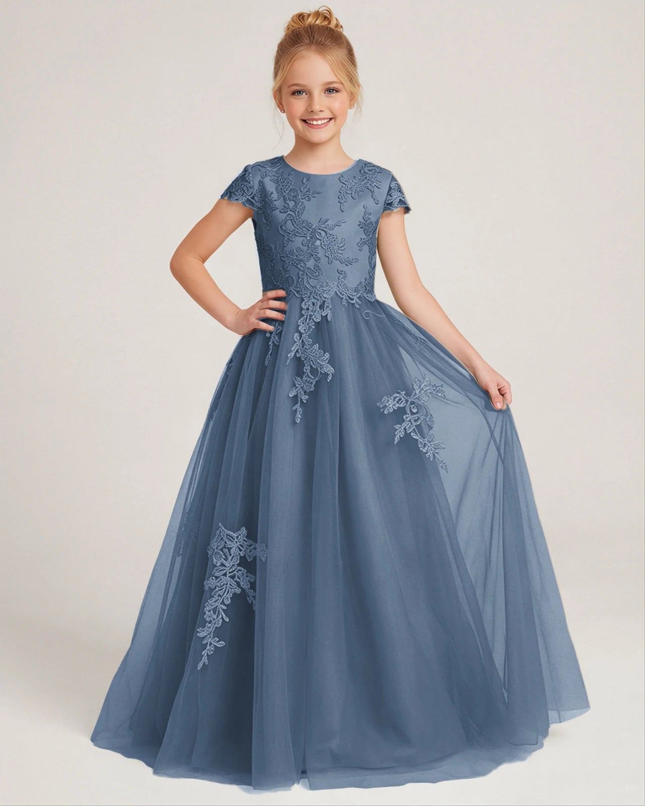 Front Dusty Blue Lace Flower Girls Dress