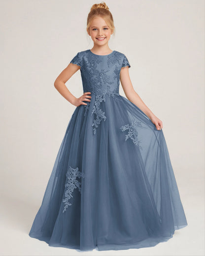 Front Dusty Blue Lace Flower Girls Dress