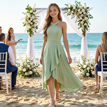 dideyttawl Halter Chiffon Junior Bridesmaid Dresses for Wedding A-Line High Low Flower Girls Formal Party Dress with Slit 2608