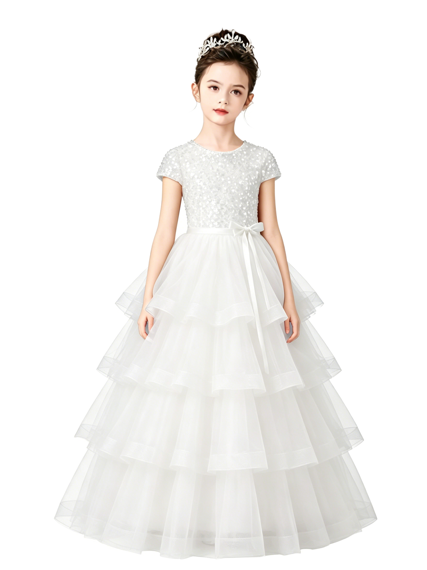 Dideyttawl Champagne Pageant Dress Sequin Tiered Tulle Ball Gown