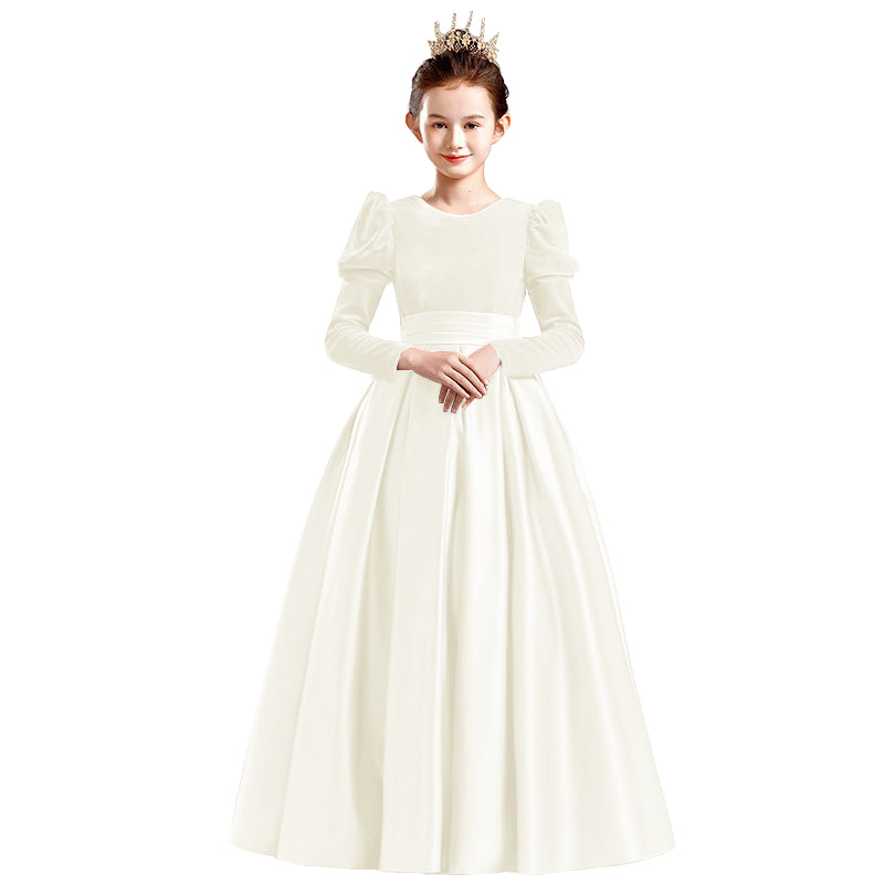 Dideyttawl Velvet Girls Formal Dress Long Sleeves Satin Flower Girl Dress 2541