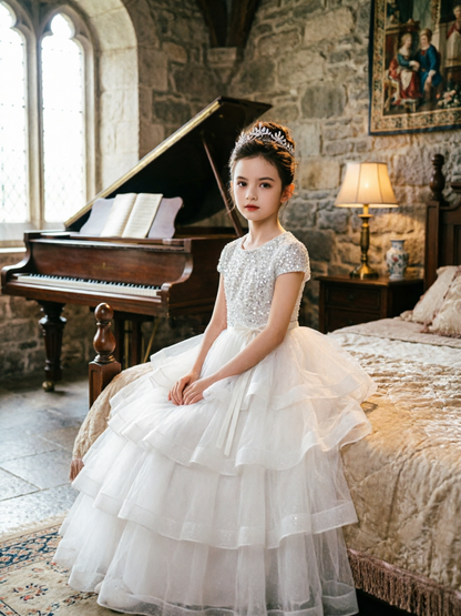 Dideyttawl Puffy Flower Girls Dress Sequins Flower Girl Dresses Sparkly Cap Sleeves Junior Bridesmaid Dress 648