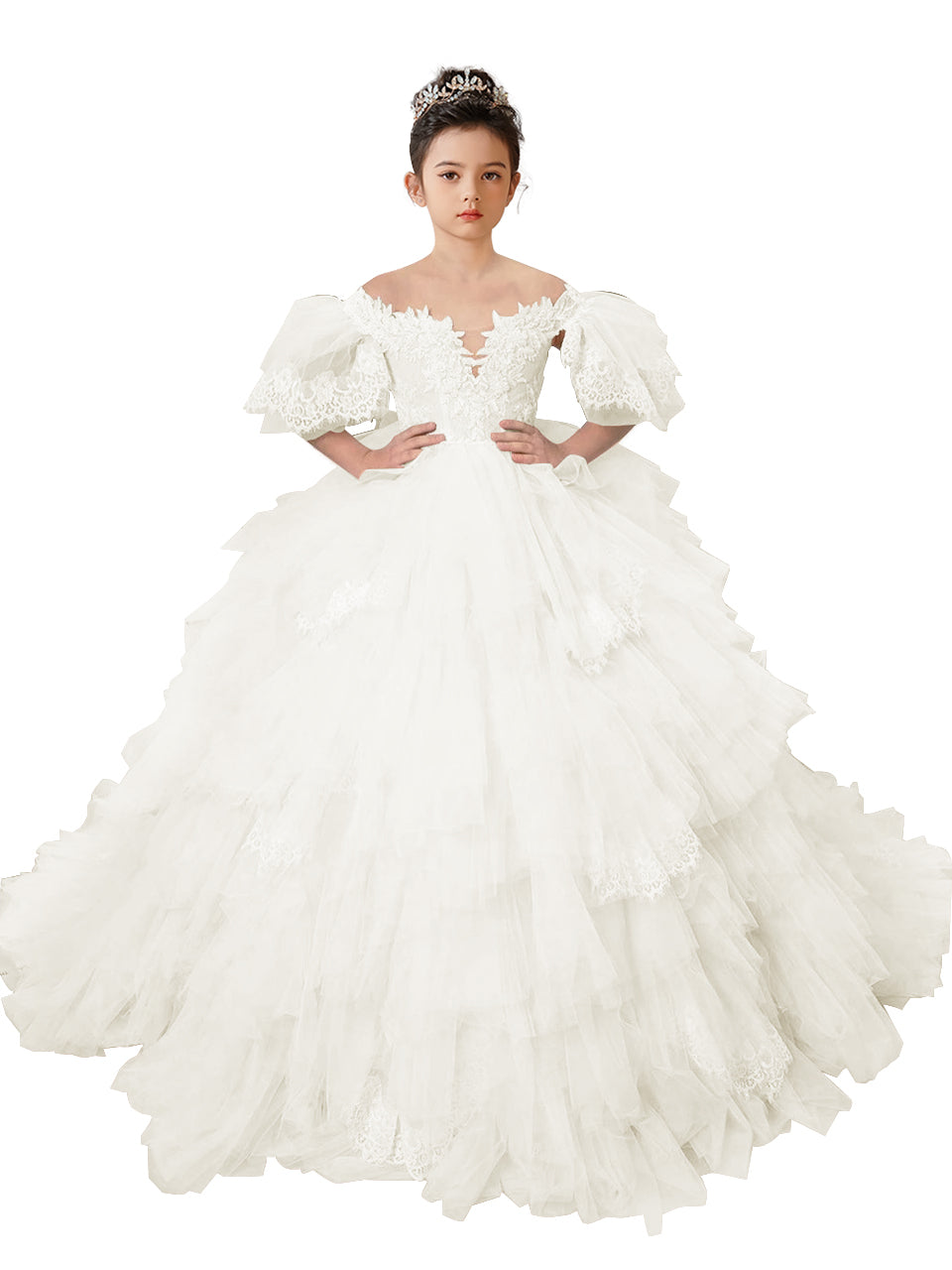 Flower Girl Dresses Lace Appliqued Puffy Sleeves Floor Length Long Train Princess Dresses