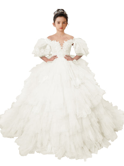Flower Girl Dresses Lace Appliqued Puffy Sleeves Floor Length Long Train Princess Dresses