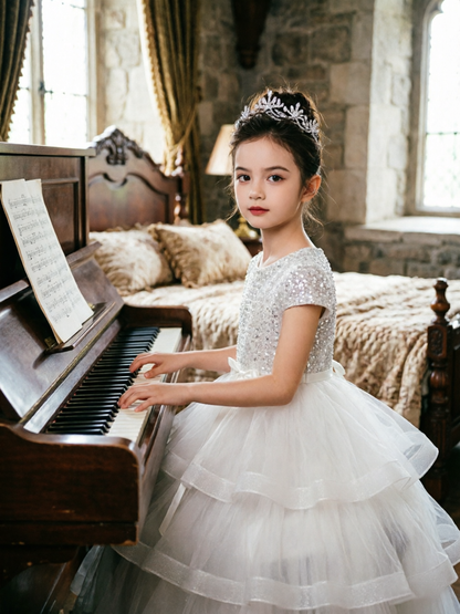 Dideyttawl Puffy Flower Girls Dress Sequins Flower Girl Dresses Sparkly Cap Sleeves Junior Bridesmaid Dress 648