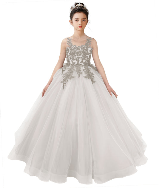 Dideyttawl 2026 Spring Lace Appliqué Ruffle Tulle Flower Girl Dress Ball Gown 1st Communion Formal Dress Pageant Birthday Party Dress