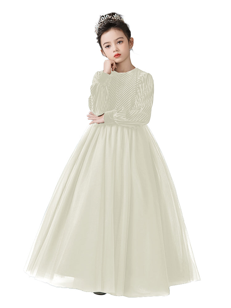 Girls Velvet Flower Girl Dress Elegant Formal Dress Lantern Long Sleeves Girls Birthday Party Dress