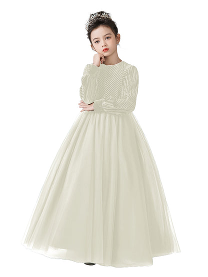 Girls Velvet Flower Girl Dress Elegant Formal Dress Lantern Long Sleeves Girls Birthday Party Dress
