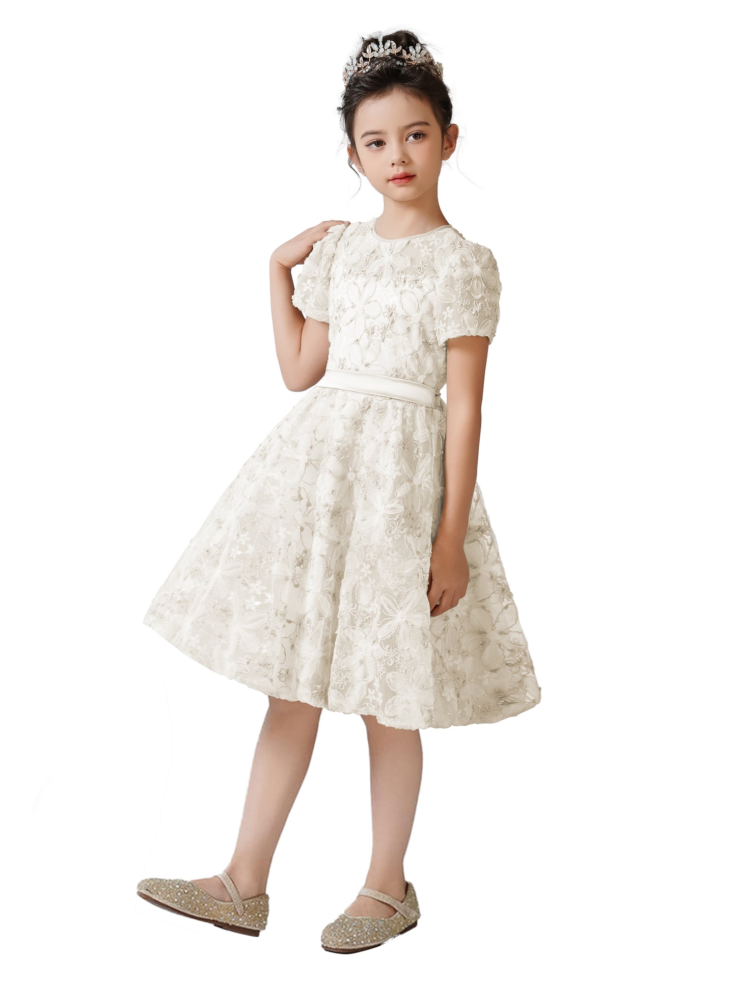 2025 Spring 3D Flowers Embroidery Lace Appliqued Puff Tulle Short Wedding Guest Dress for Girls Puffy Sleeves Girls Birthday Party Dress