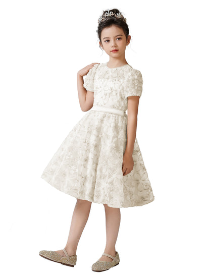 2025 Spring 3D Flowers Embroidery Lace Appliqued Puff Tulle Short Wedding Guest Dress for Girls Puffy Sleeves Girls Birthday Party Dress