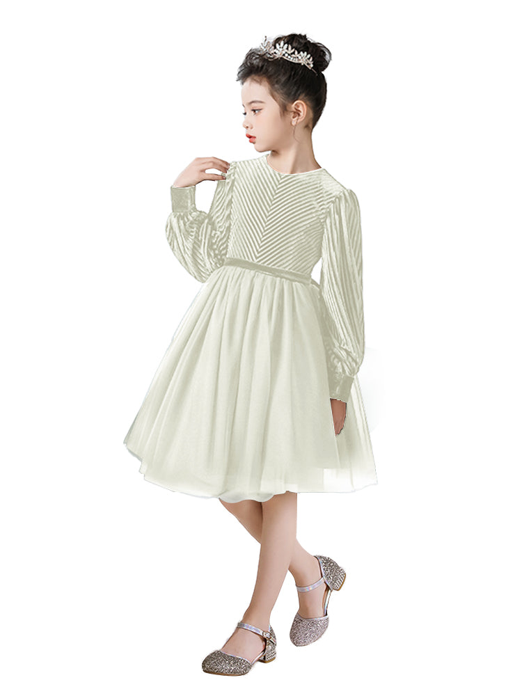 2025 Spring Girls Short Velvet Flower Girl Dress Elegant Formal Dress Lantern Long Sleeves Girls Birthday Party Dress