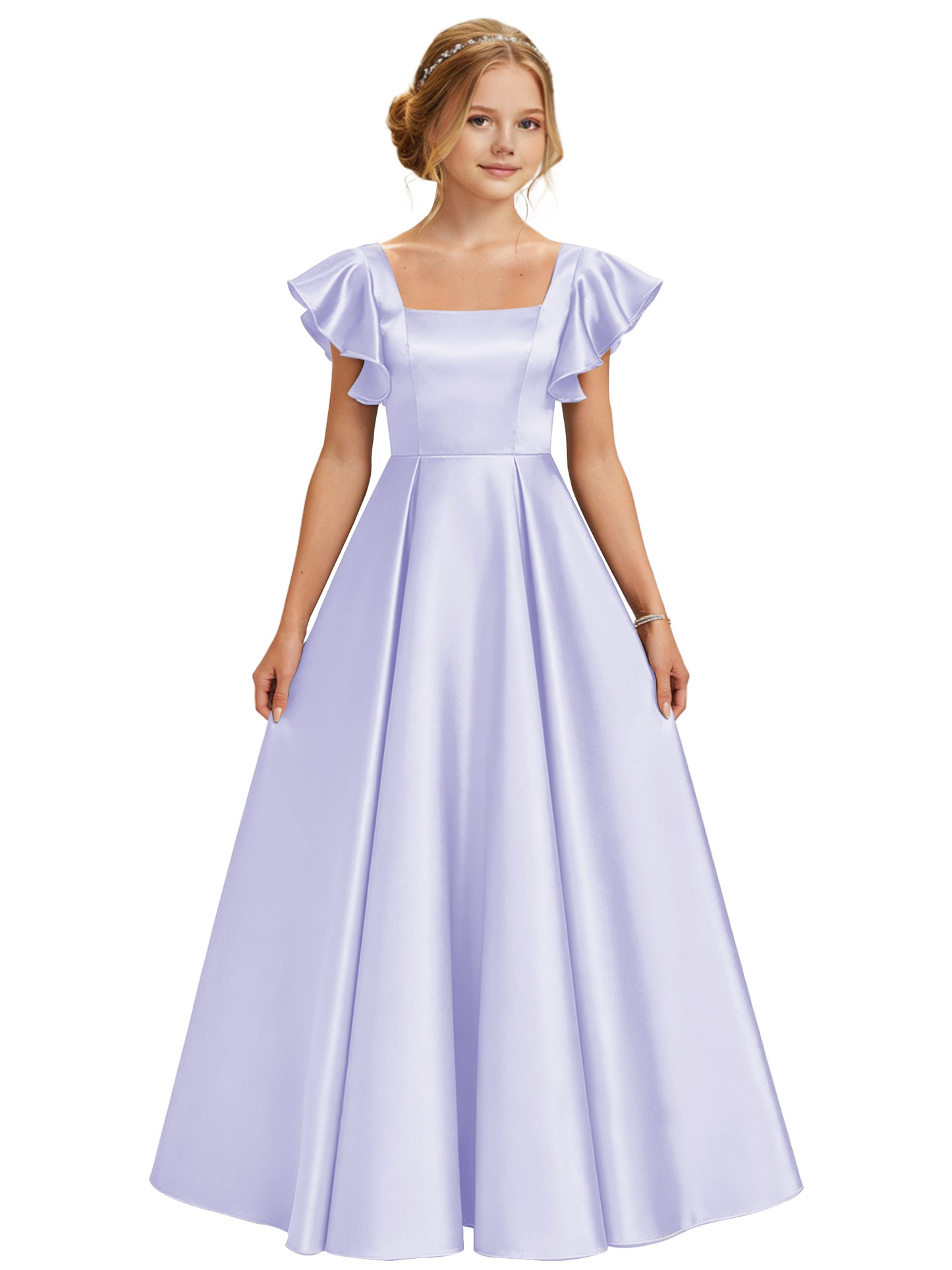 dideyttawl 2026 Girls Satin Prom Ball Gown Princess Dress Maxi Ruffle Sleeve Junior Bridesmaid Flower Girl Dresses 2546