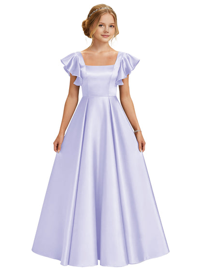dideyttawl 2026 Girls Satin Prom Ball Gown Princess Dress Maxi Ruffle Sleeve Junior Bridesmaid Flower Girl Dresses 2546