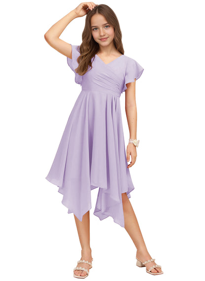 Chiffon Short Junior Bridesmaid Dresses Knee Length Flutter Sleeves Flower Girl Dresses for 4-16 2505