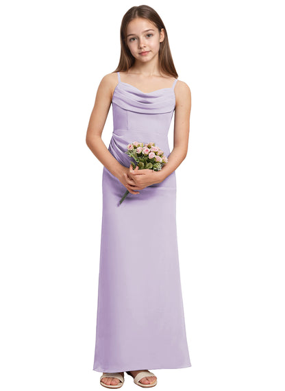 dideyttawl Long Sheathe Junior Bridesmaid Dresses for Girls Chiffon A-Line Ruched Cowl Neck Wedding Flower Girls Dress 2512