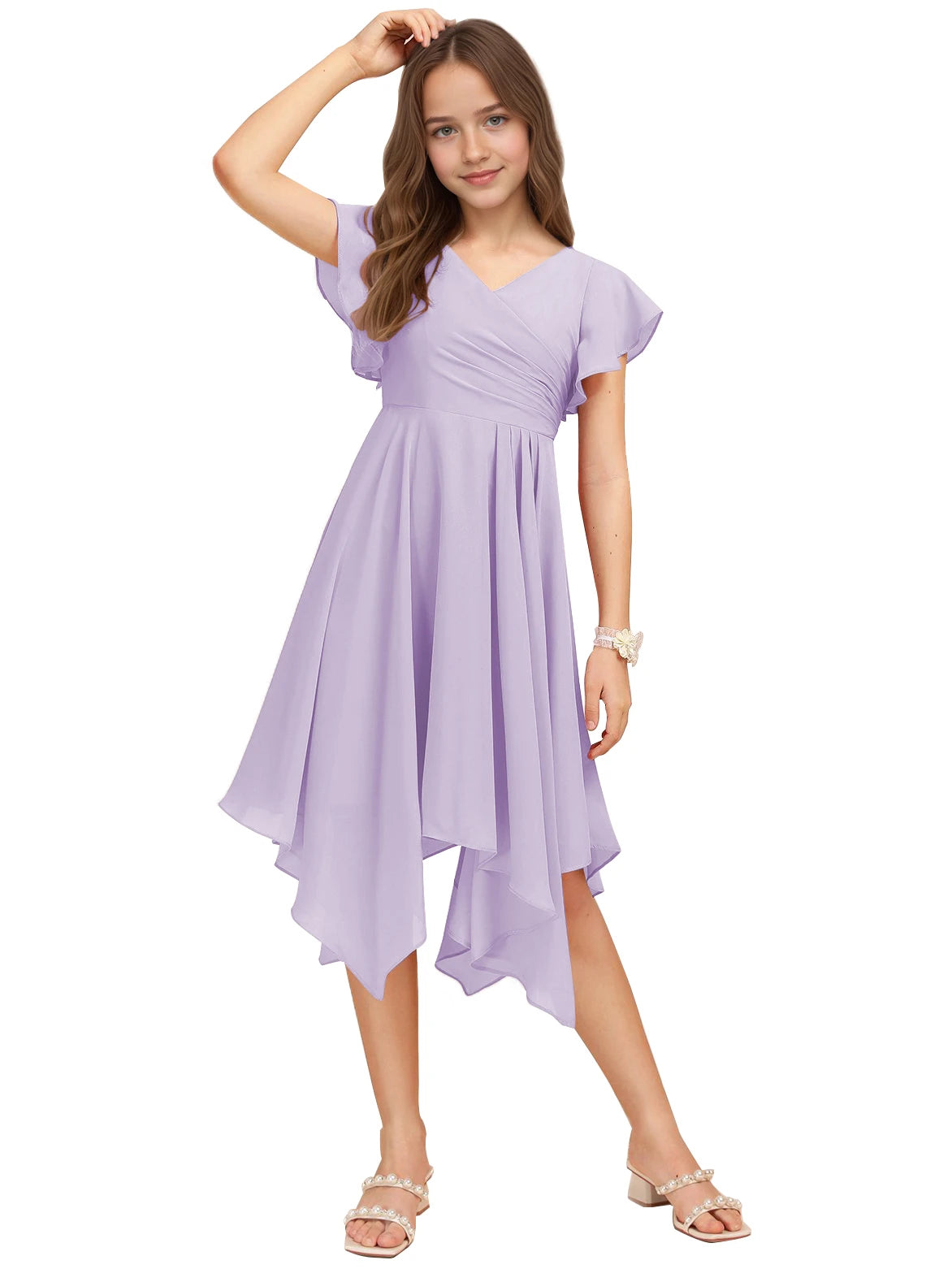 Dideyttawl Dusty Rose Junior Bridesmaid Chiffon Flutter Sleeve A-Line Dress