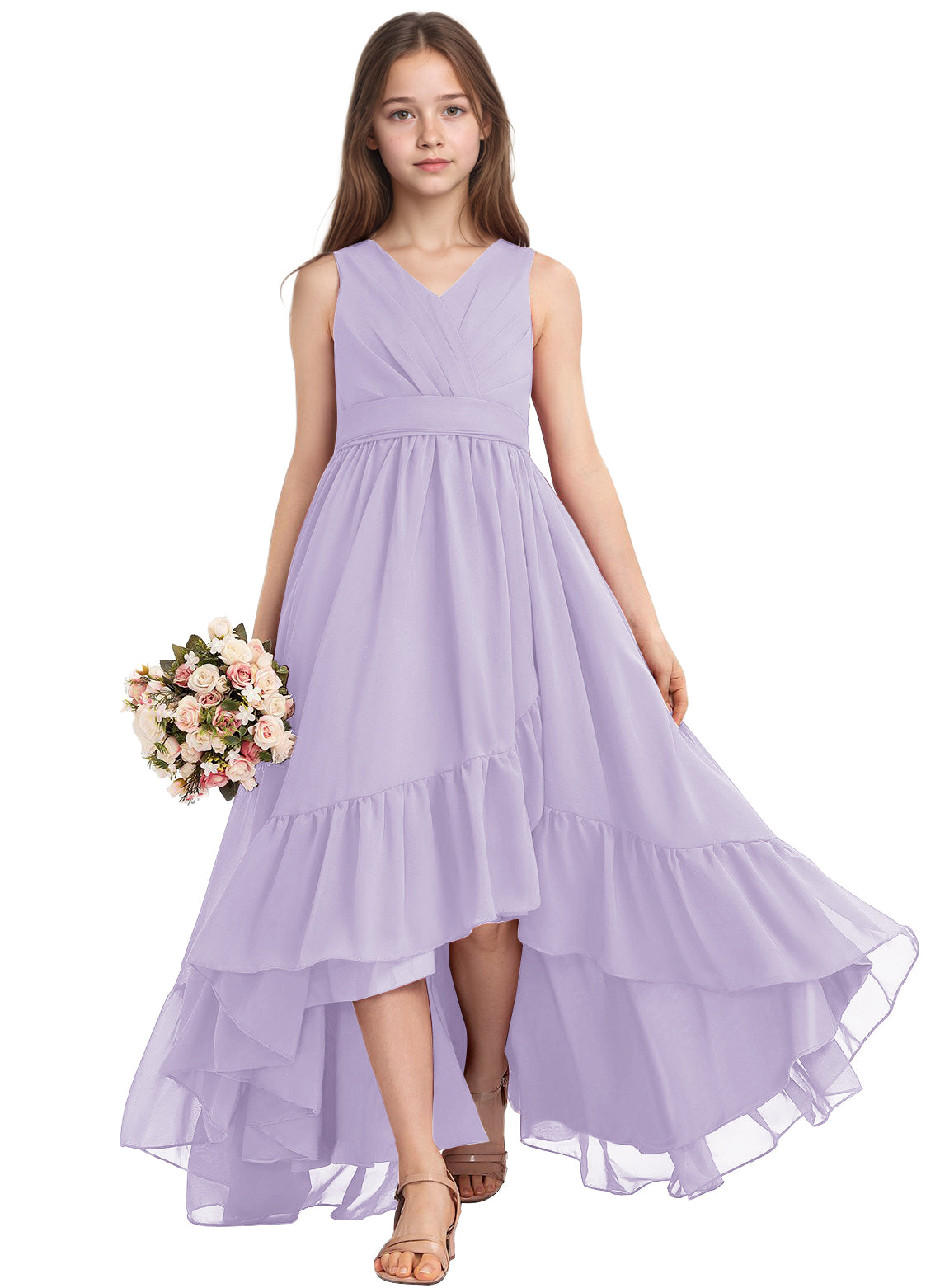 dideyttawl A-Line High Low Flower Girls Dress Long V-Neck Junior Bridesmaid Dresses for Teens Pleated Chiffon 2511