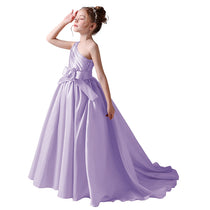 Dideyttawl Flower Girls Pageant Dresses One Shoulder Sleeveless Formal Satin Dress for Wedding Guest Princess Ball Gown Flower Belt Dress