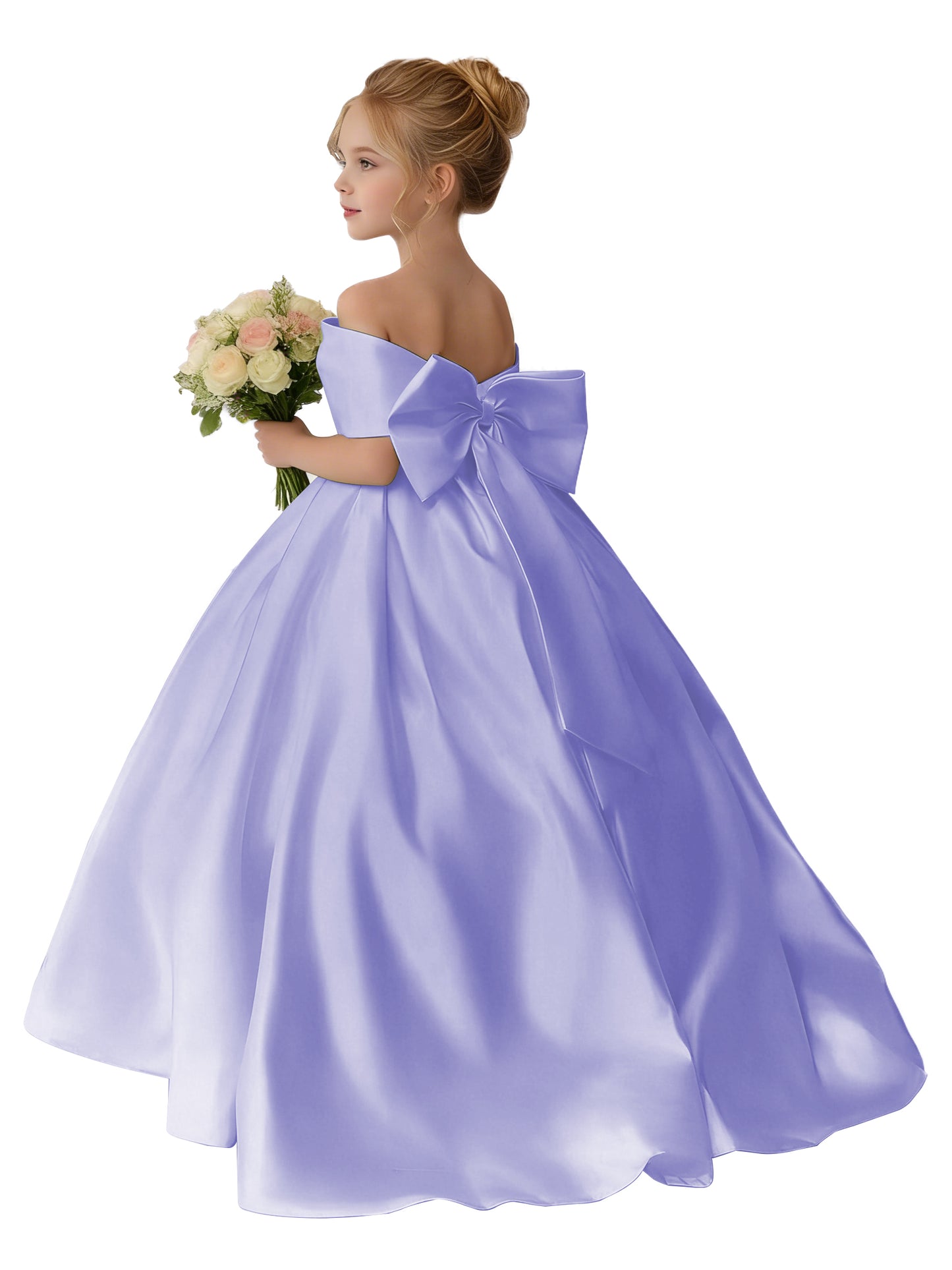 Dideyttawl Satin Flower Girl Dress A Line Off Shoulder Formal Ball Gown Bow Back