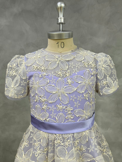2025 Spring 3D Flowers Embroidery Lace Appliqued Puff Tulle Short Wedding Guest Dress for Girls Puffy Sleeves Girls Birthday Party Dress